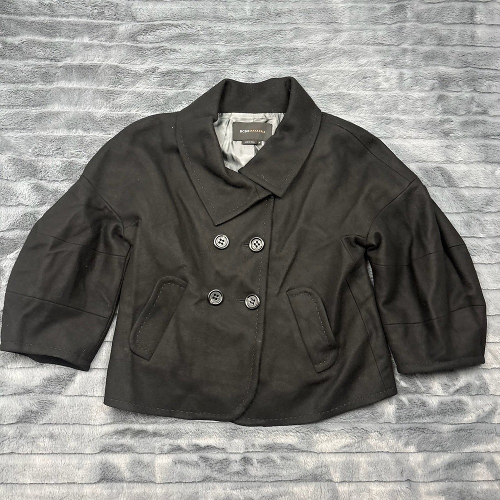BCBGMAXAZRIA Black Wool Cashmere Blend Cropped Pea Coat Lantern Sleeve Womens S